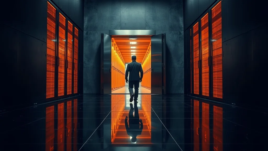 IA de pointe : Anthropic ferme l'accès, le crypto réagit 1 Porte de coffre-fort en acier brossé entrouverte dans un couloir institutionnel sombre éclairé d'ambre doré
