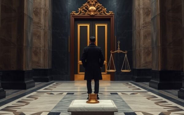 Porte massive d'un palais de justice entrouverte avec balances anciennes dans un couloir de marbre sombre