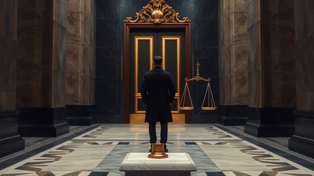 Interdire Bitcoin en France et UE : ce que la loi permet vraiment 1 Porte massive d'un palais de justice entrouverte avec balances anciennes dans un couloir de marbre sombre
