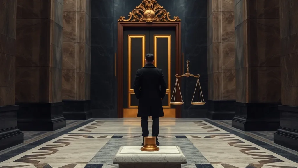 Porte massive d'un palais de justice entrouverte avec balances anciennes dans un couloir de marbre sombre