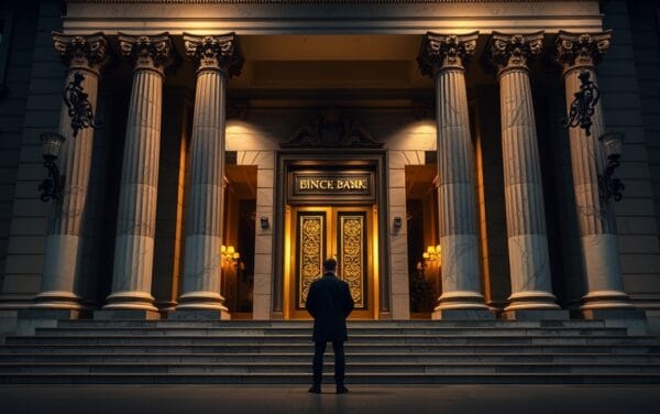 Façade néoclassique d'une banque italienne au crépuscule, marches en marbre et portes en bronze, silhouette de dos.
