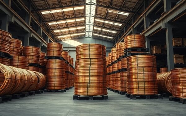 Entrepôt industriel avec rouleaux de fil de cuivre poli et busbars empilés sur palettes en bois sombre