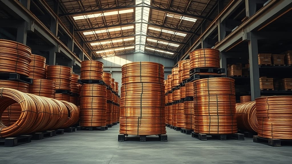 Investir dans le cuivre en 2026 : actions, ETF, ETC 1 Entrepôt industriel avec rouleaux de fil de cuivre poli et busbars empilés sur palettes en bois sombre