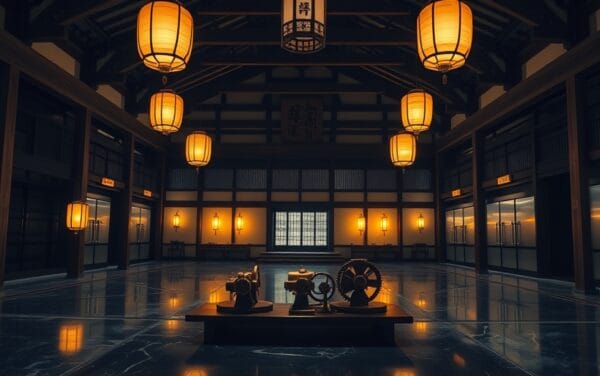 Salle traditionnelle japonaise, rouages cuivrés et lanternes ambrées : symbolique de la finance institutionnelle on-chain.