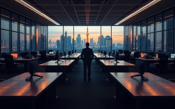 Salle des marchés tokyoïte à la tombée du jour, silhouette d'un analyste de dos face à la skyline.