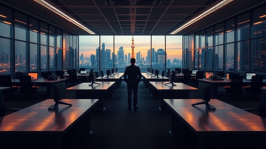 Japon : SBI et Rakuten lancent fonds Bitcoin, 32 Md$ visés 1 Salle des marchés tokyoïte à la tombée du jour, silhouette d'un analyste de dos face à la skyline.