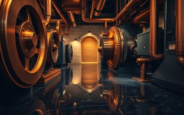 Salle des machines institutionnelle aux teintes cuivre et bleu marine, métaphore d'un fonds monétaire tokenisé
