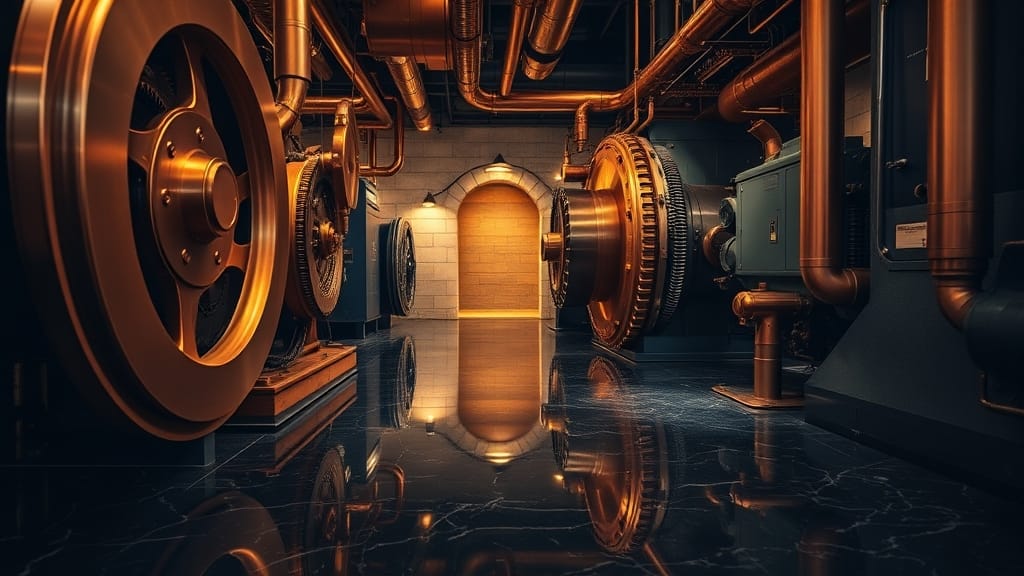 JPMorgan tokenise 100 M$ de bons du Trésor sur Ethereum 1 Salle des machines institutionnelle aux teintes cuivre et bleu marine, métaphore d'un fonds monétaire tokenisé