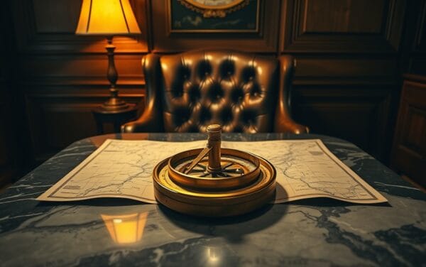 Boussole en laiton posée sur une carte ancienne dans un bureau lambrissé éclairé d'une lumière chaude.