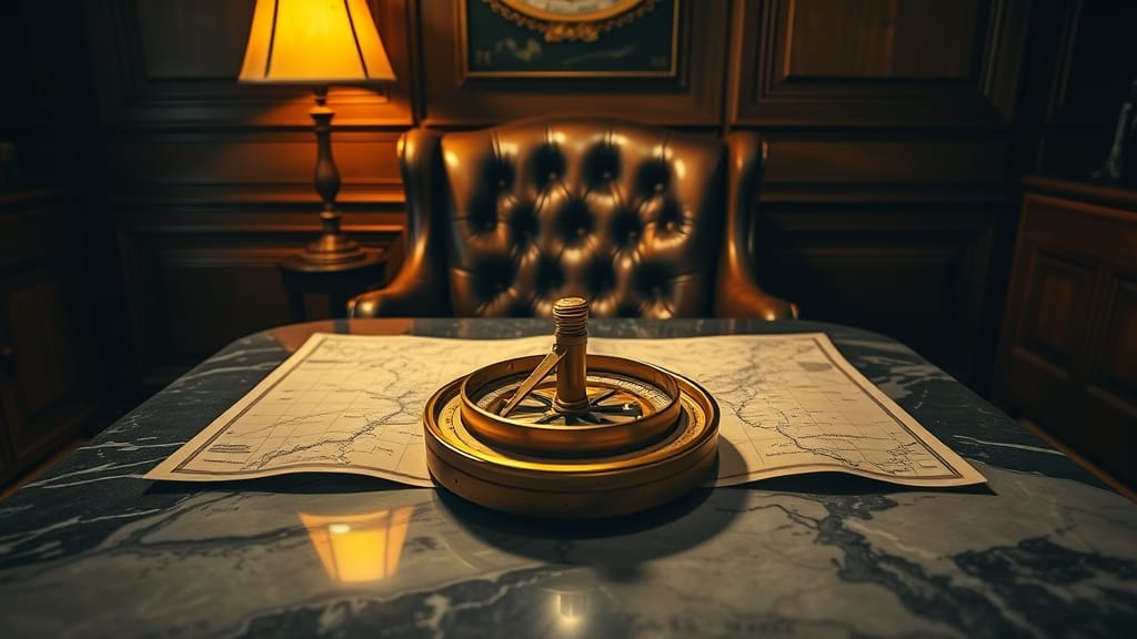 JPMorgan triple son exposition à l'IBIT de BlackRock 1 Boussole en laiton posée sur une carte ancienne dans un bureau lambrissé éclairé d'une lumière chaude.