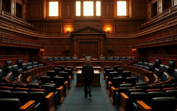 Hémicycle parlementaire vide aux tons navy et ambre, silhouette dans la perspective vers les portes du fond
