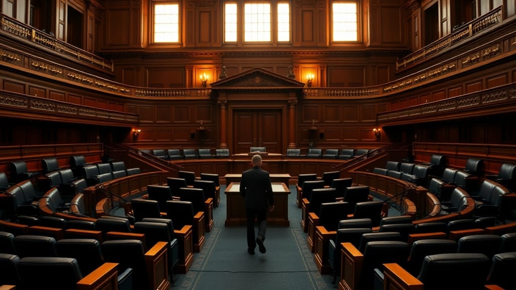 Kraken 20 Md$ : ce qui change avec le Crypto Clarity Act 1 Hémicycle parlementaire vide aux tons navy et ambre, silhouette dans la perspective vers les portes du fond