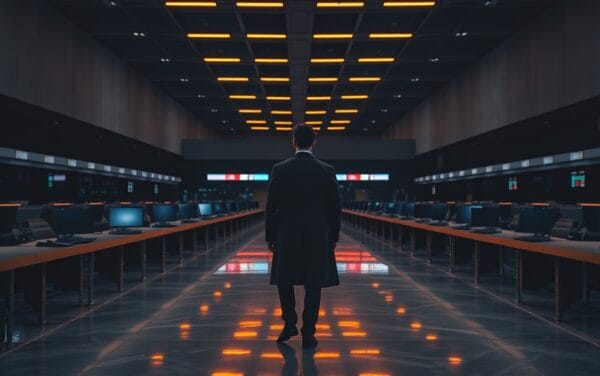 Salle de marché crypto déserte au crépuscule, postes éteints et silhouette d'un employé de dos au fond