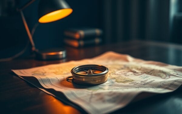 Boussole en laiton posée sur une carte papier dépliée, éclairée par une lampe de bureau ambrée sur un bureau en noyer sombre.
