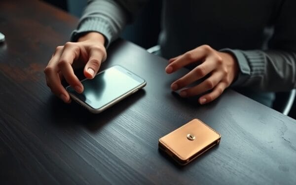 Mains d'un créateur tenant un smartphone à côté d'un wallet matériel cuivré sur bureau sombre, lumière ambrée