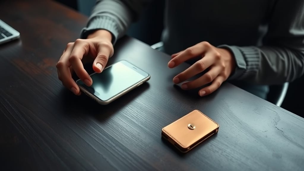 Mains d'un créateur tenant un smartphone à côté d'un wallet matériel cuivré sur bureau sombre, lumière ambrée