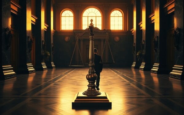 Balance en bronze dans un grand hall institutionnel européen baigné de lumière ambrée et de colonnes de marbre.