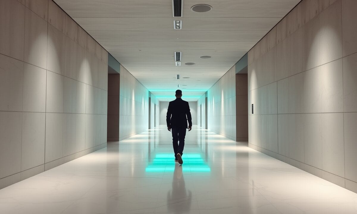 Couloir institutionnel européen baigné de lumière blanche, accents verts émeraude, silhouette d'un visiteur de dos au loin.