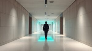 MiCA : la régulation crypto en Europe expliquée pas à pas 20 Couloir institutionnel européen baigné de lumière blanche, accents verts émeraude, silhouette d'un visiteur de dos au loin.