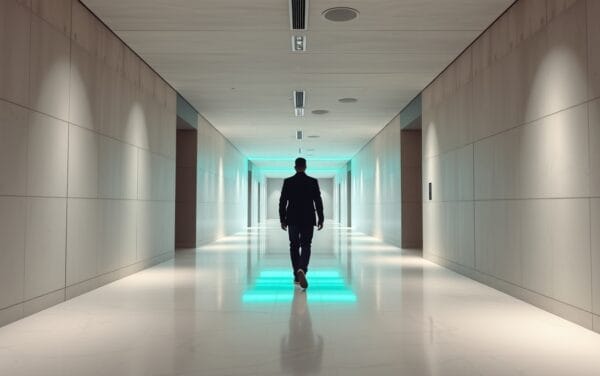 Couloir institutionnel européen baigné de lumière blanche, accents verts émeraude, silhouette d'un visiteur de dos au loin.