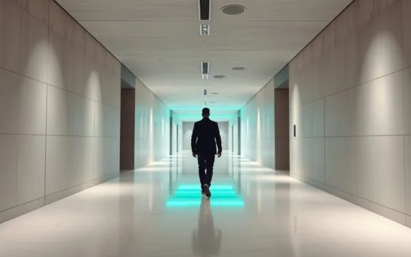 Couloir institutionnel européen baigné de lumière blanche, accents verts émeraude, silhouette d'un visiteur de dos au loin.