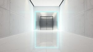 MicroStrategy : 411,5 BTC retirés, rumeur de vente écartée 19 Porte de coffre-fort en acier brossé dans un hall institutionnel minimaliste, lumière haute clarté.