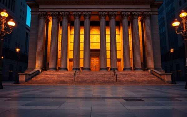 Façade institutionnelle d'une Bourse au crépuscule, colonnes de pierre et reflets ambrés sur le marbre.