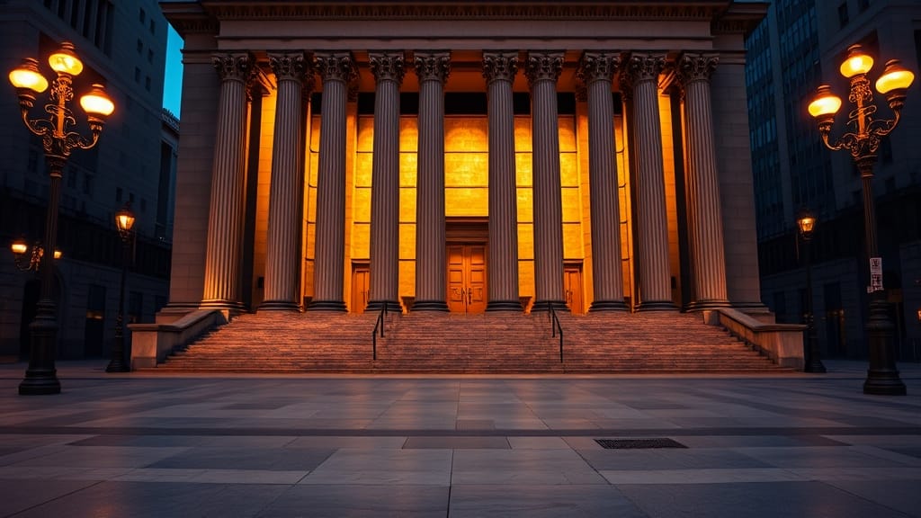 Façade institutionnelle d'une Bourse au crépuscule, colonnes de pierre et reflets ambrés sur le marbre.