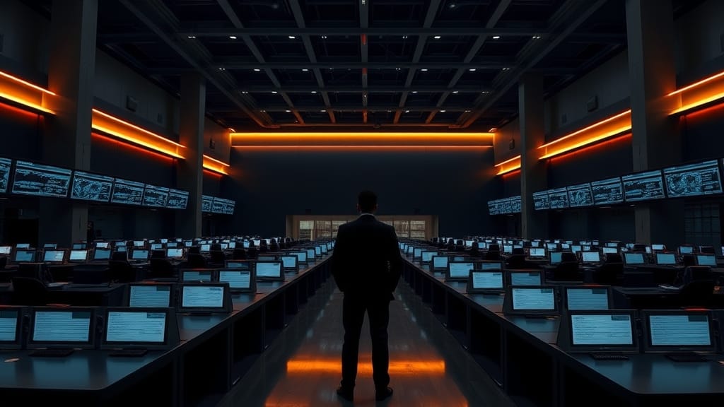 MoonPay dans ChatGPT : achat Bitcoin, XRP et Solana 1 Salle des marchés vide au crépuscule, silhouette au loin, ambiance navy et reflets ambrés