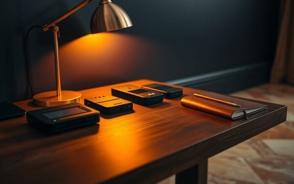 Bureau éditorial sobre avec portefeuilles crypto matériels fermés sur table en noyer, lumière ambrée et fond navy