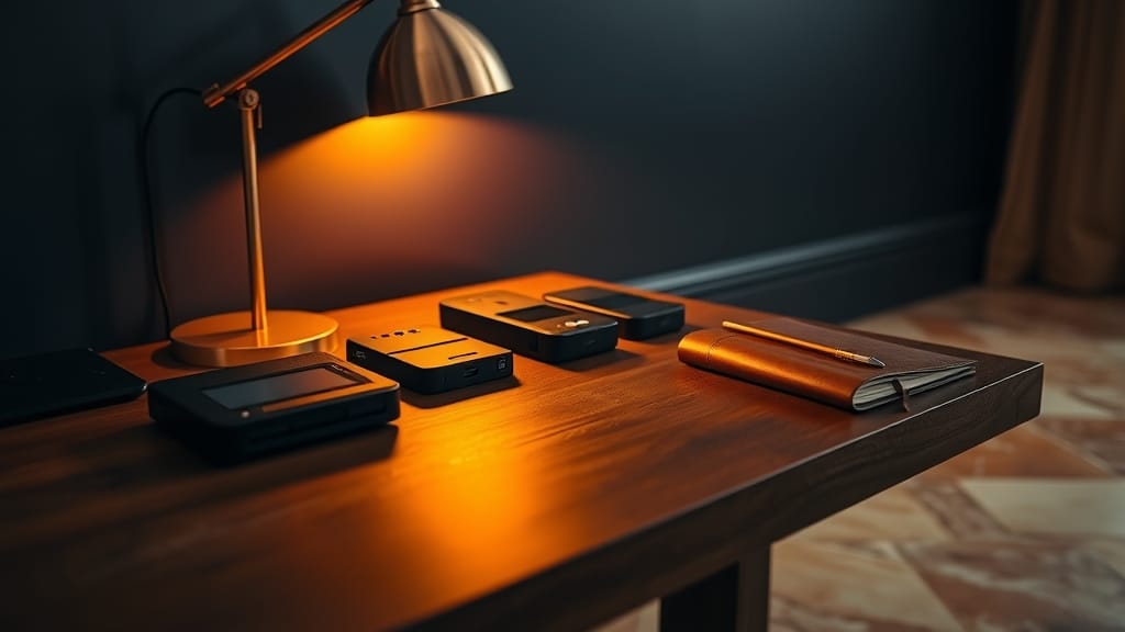 Portefeuille crypto 2026 : 5 wallets testés en France 1 Bureau éditorial sobre avec portefeuilles crypto matériels fermés sur table en noyer, lumière ambrée et fond navy
