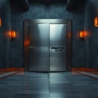 Porte de chambre forte entrouverte dans un couloir institutionnel navy et ambre, marbre poli et garnitures en cuivre.