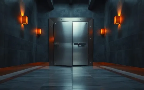 Porte de chambre forte entrouverte dans un couloir institutionnel navy et ambre, marbre poli et garnitures en cuivre.