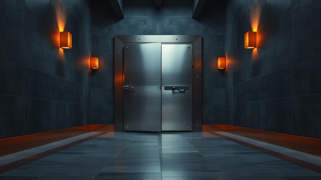 Prévisions 5/15 : BTC sous 79 000 $, ETH casse 2 250 $ 1 Porte de chambre forte entrouverte dans un couloir institutionnel navy et ambre, marbre poli et garnitures en cuivre.