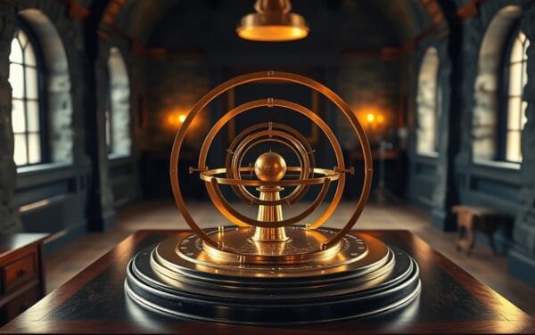 Orrery en cuivre à trois anneaux sur bureau en noyer, ambiance feutrée d'observatoire, lumière ambrée chaude