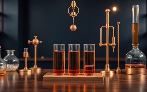 Trois fioles ambrées alignées sur un bureau de laboratoire en bois sombre, instruments en cuivre et pendule en laiton.
