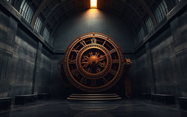 Mécanisme d'horlogerie en cuivre et acier dans une chambre voûtée en béton, faisceau de lumière ambrée