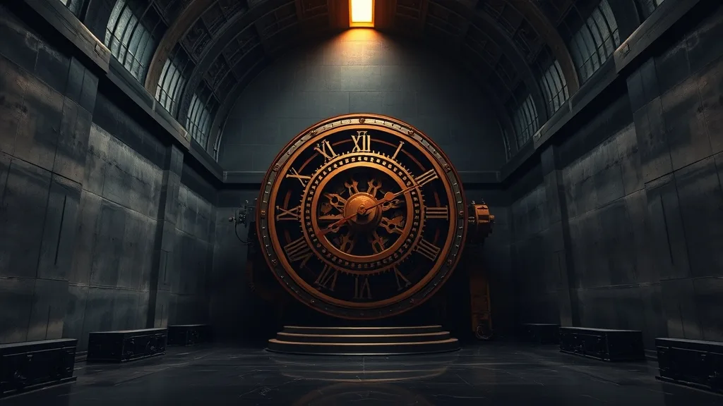Mécanisme d'horlogerie en cuivre et acier dans une chambre voûtée en béton, faisceau de lumière ambrée