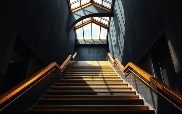 Escalier en spirale doré montant vers la lumière, métaphore de la stratégie DCA Bitcoin sur le long terme