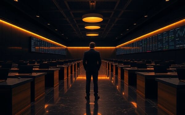 Salle des marchés institutionnelle vide au crépuscule, silhouette en costume de dos au fond, ambiance navy et or.