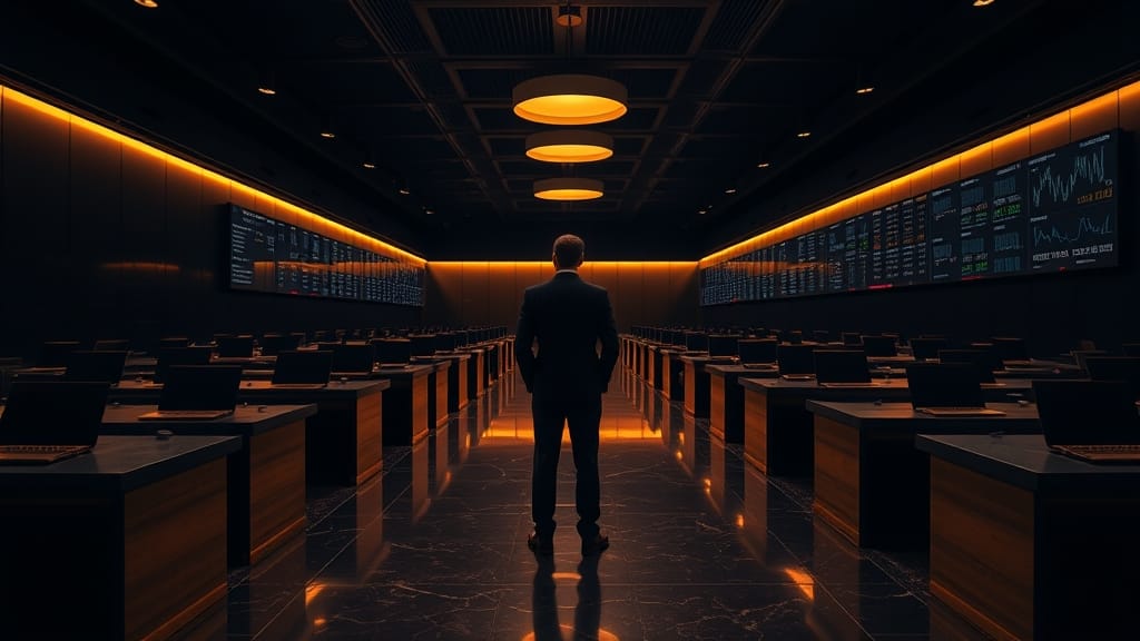 Schwab ouvre le spot Bitcoin et Ethereum aux clients US 1 Salle des marchés institutionnelle vide au crépuscule, silhouette en costume de dos au fond, ambiance navy et or.