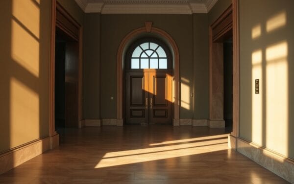 Couloir vide d'un tribunal fédéral en fin d'après-midi, portes massives en chêne entrouvertes sous une lumière rasante