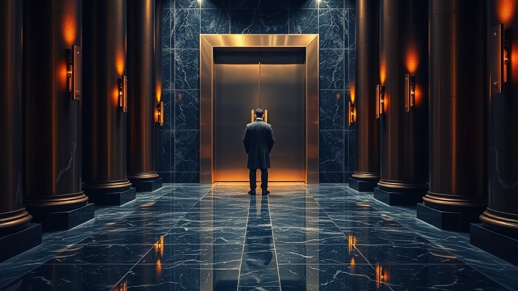 SEC approuve Nasdaq : options sur indice Bitcoin dès 2026 1 Couloir institutionnel sombre avec porte en bronze entrouverte, silhouette de dos au fond du corridor en marbre.