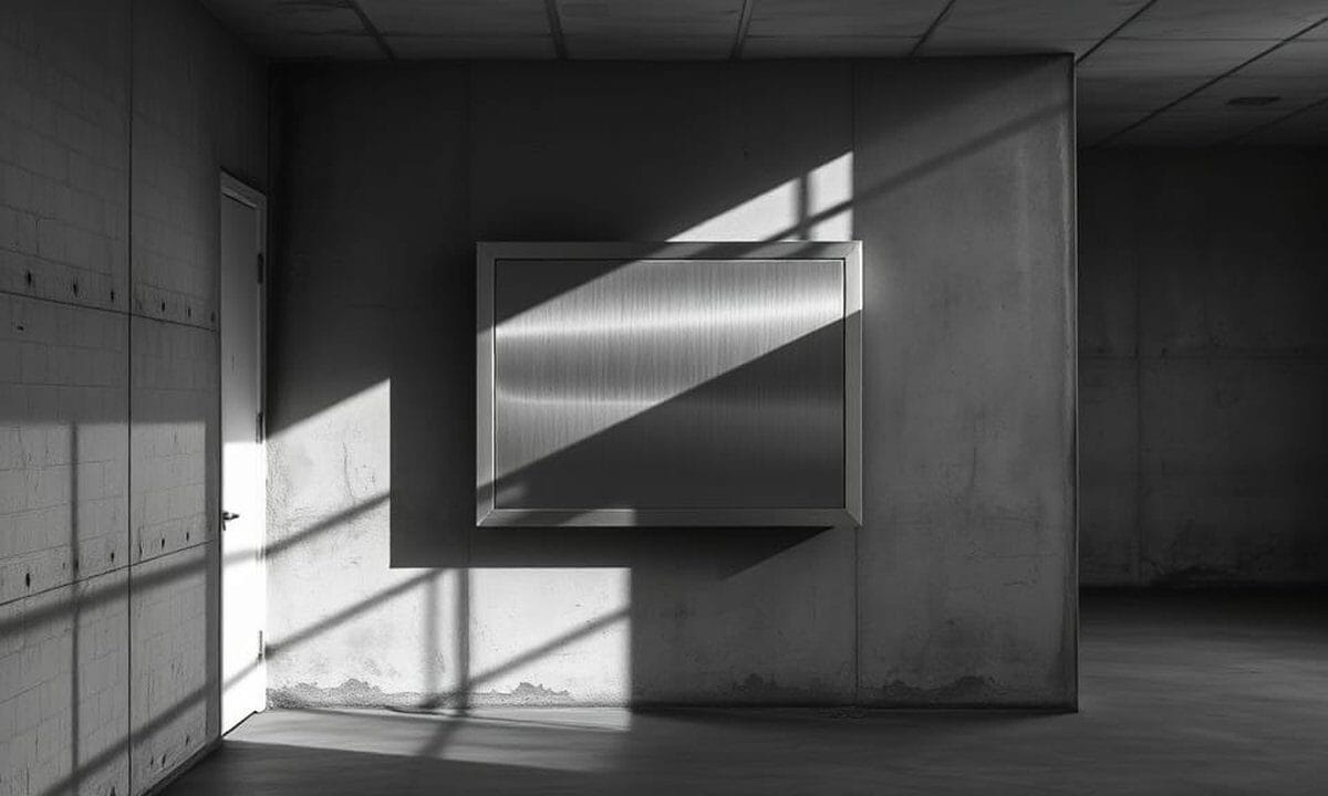 Boîtier de surveillance en acier brossé sur un mur de béton dans un couloir silencieux, photographie noir et blanc contrastée.