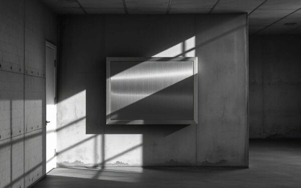 Boîtier de surveillance en acier brossé sur un mur de béton dans un couloir silencieux, photographie noir et blanc contrastée.