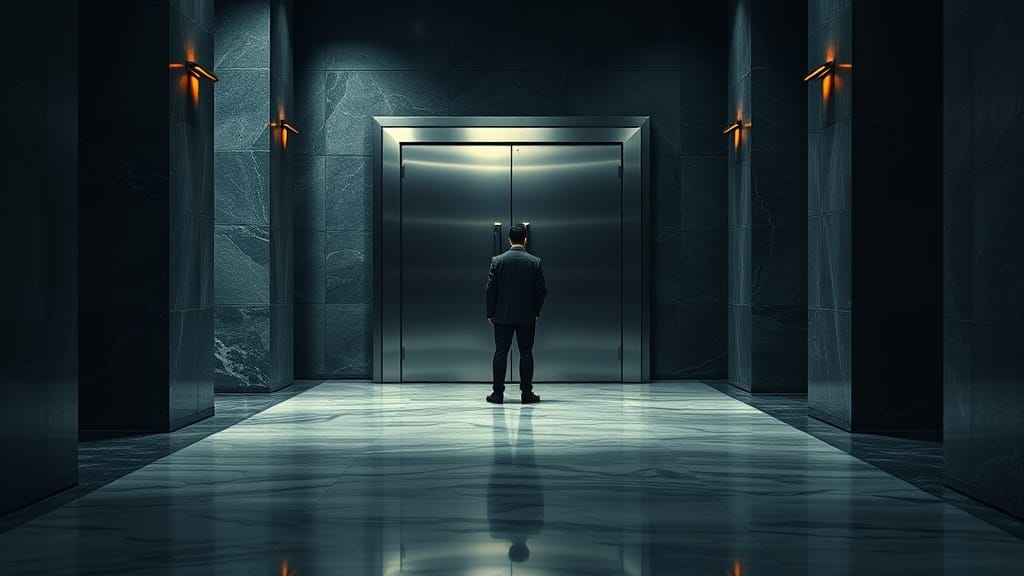 Sécurité blockchain : Elliptic mise 120 M$ sur l'IA 1 Porte de coffre-fort en acier entrouverte dans un couloir institutionnel, silhouette de dos au loin