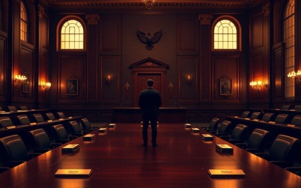 Salle de commission sénatoriale vide au crépuscule, silhouette d'un assistant de dos, lumière ambrée sur bois sombre.