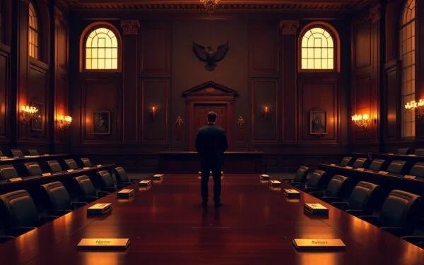 Salle de commission sénatoriale vide au crépuscule, silhouette d'un assistant de dos, lumière ambrée sur bois sombre.