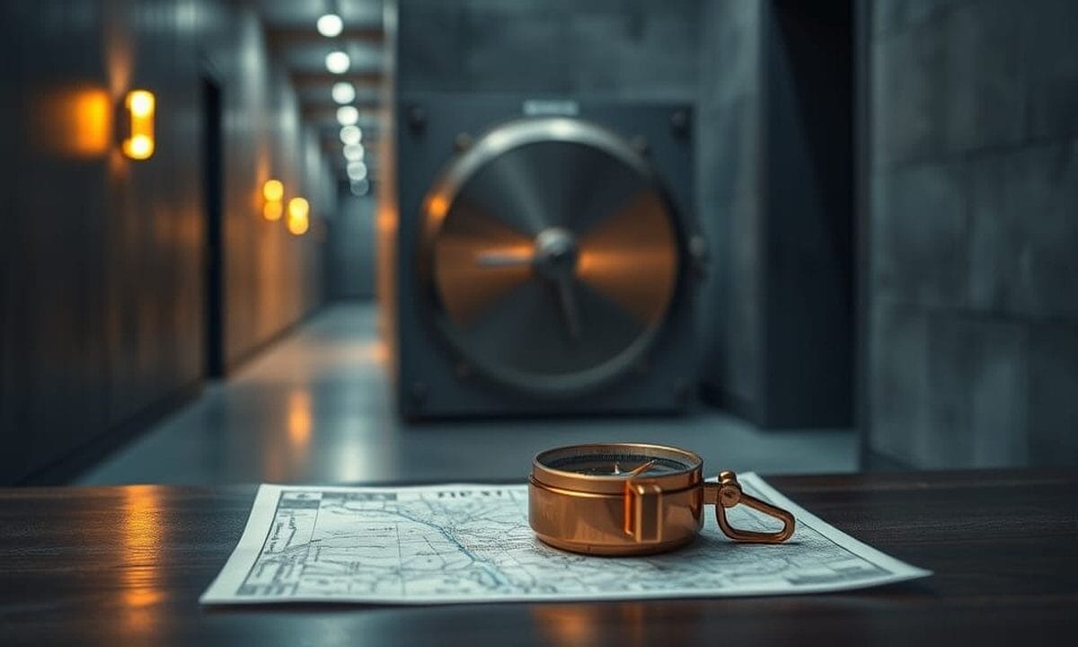 Sequans vend plus de 80 % de ses BTC pour se recentrer sur l'IoT 1 Boussole en cuivre posée sur une carte papier dans un couloir institutionnel, porte de coffre entrouverte en arrière-plan.