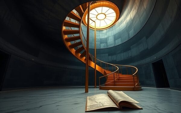 Escalier en spirale doré dans une rotonde feutrée, boussole et carte ancienne posées sur le marbre